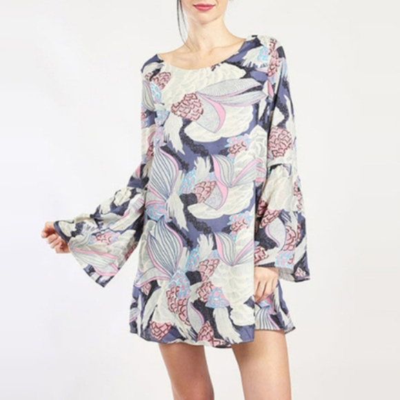 Boho Japanese Print Floral Shift Mini Dress - Picture 1 of 5